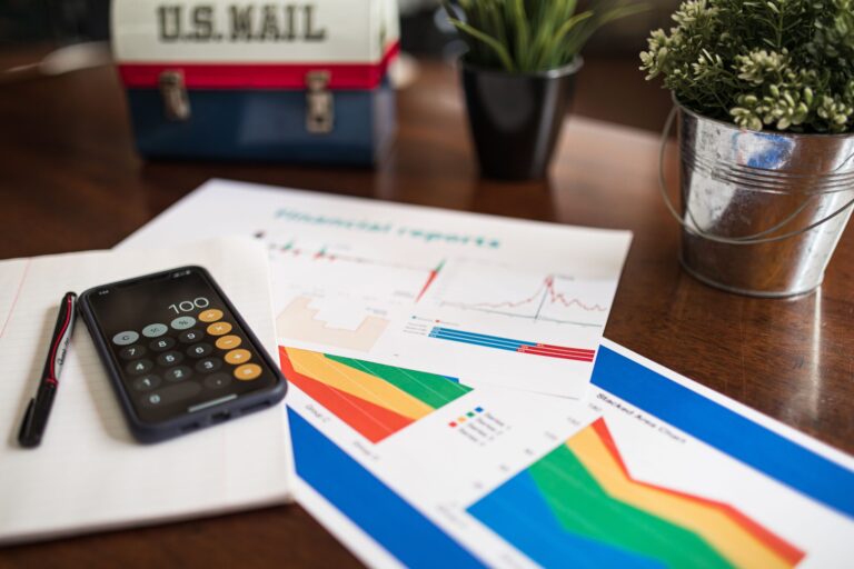 Smartphone calculator showing 100 beside a pen, notepad, and printed financial charts on a wooden desk, illustrating premium tax credit repayment planning